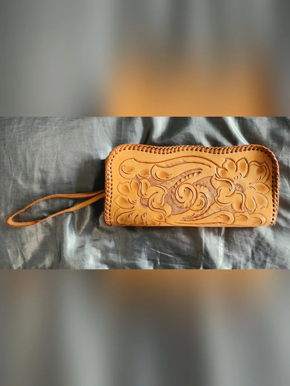 Vintage CLIFTON'S Handmade Hand Tooled Leather Clutch Wristlet